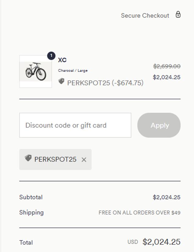 Charge Bikes checkout page showing Charge Bikes discount code box | Screenshot taken by SimplyCodes community member on Nov 30, 2024