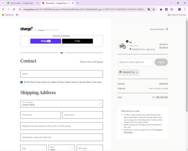 Charge Bikes checkout page showing Charge Bikes discount code box | Screenshot taken by SimplyCodes community member on Sep 3, 2024