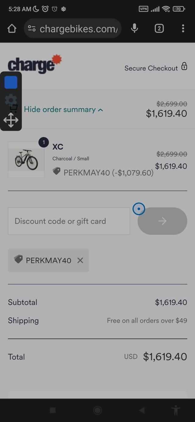 Charge Bikes checkout page showing Charge Bikes discount code box | Screenshot taken by SimplyCodes community member on Jul 7, 2024