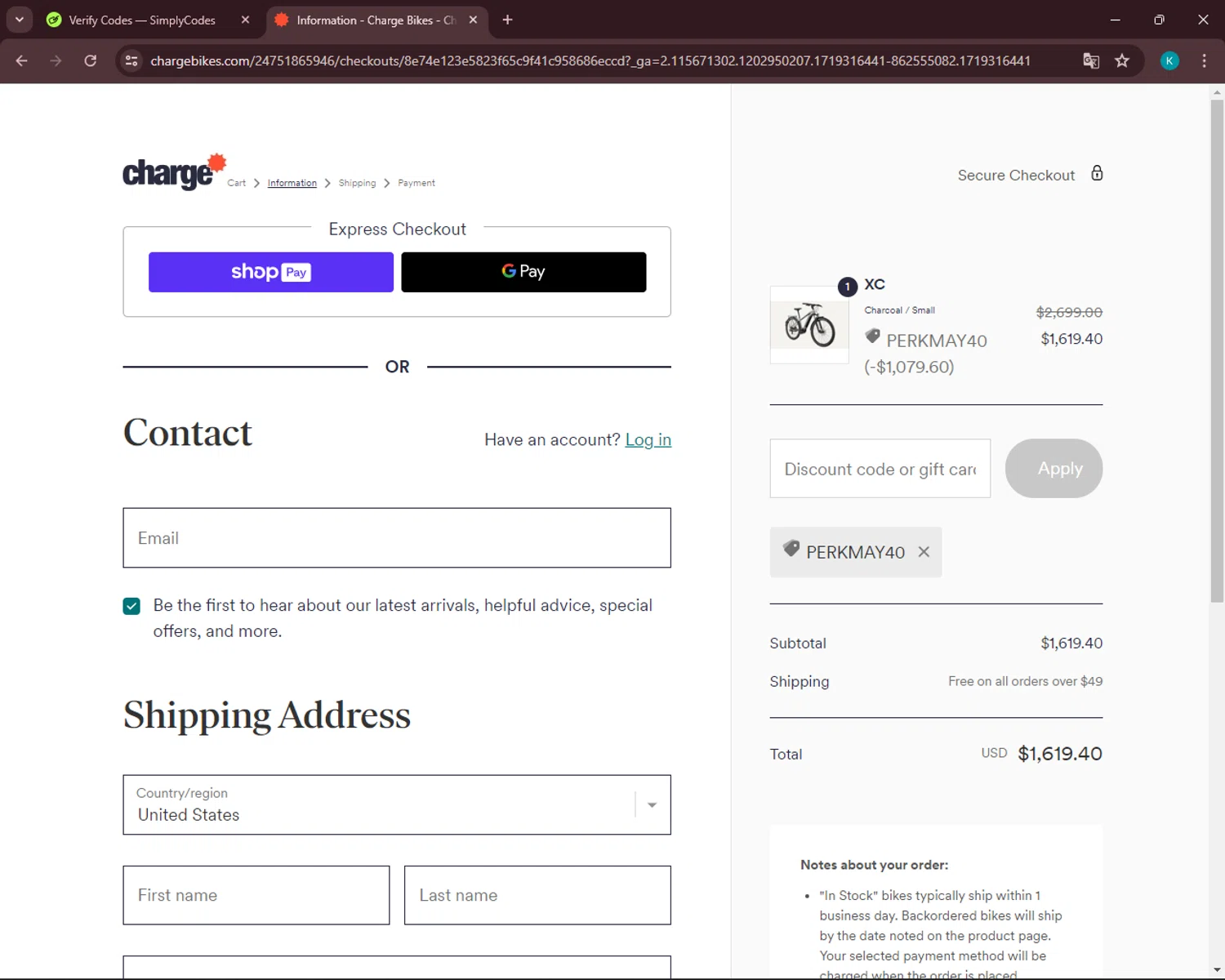 where to use Charge Bikes promo code box