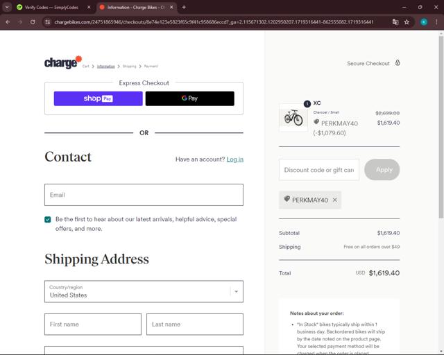 Charge Bikes checkout page showing Charge Bikes discount code box | Screenshot taken by SimplyCodes community member on Jun 25, 2024