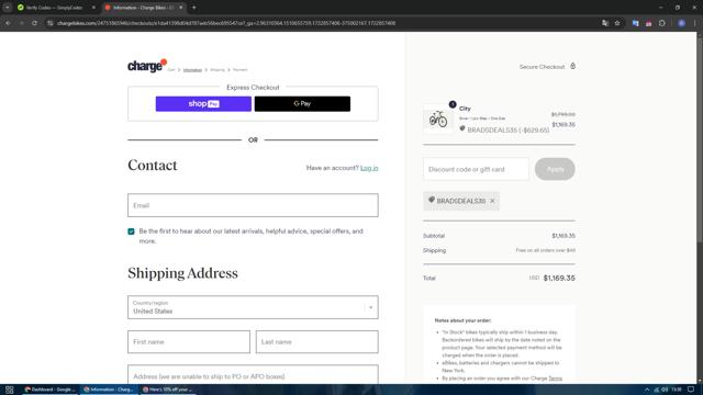 Charge Bikes checkout page showing Charge Bikes discount code box | Screenshot taken by SimplyCodes community member on Aug 5, 2024