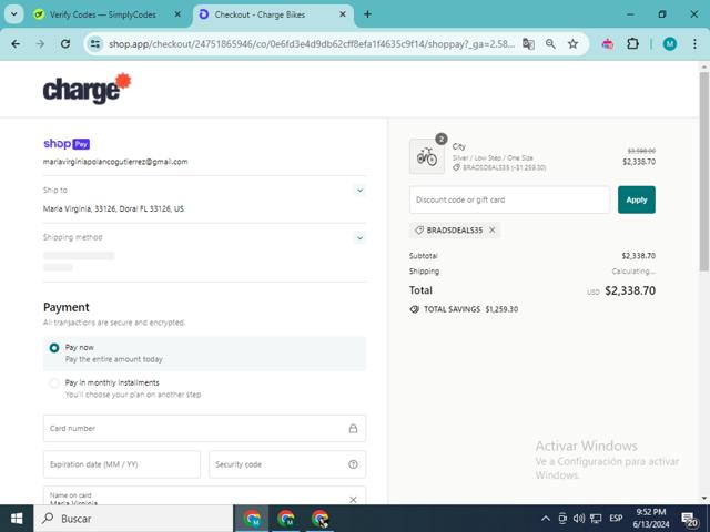 Charge Bikes checkout page showing Charge Bikes discount code box | Screenshot taken by SimplyCodes community member on Jun 14, 2024