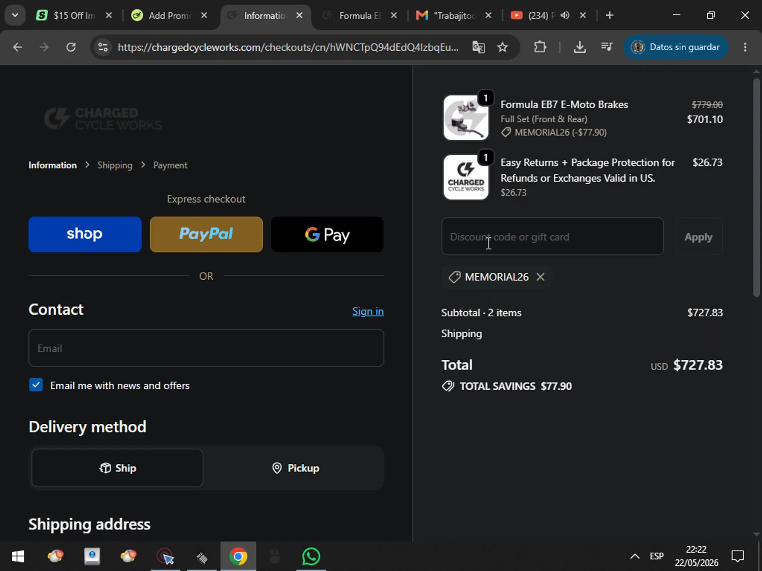 Charged Cycle Works promo code screenshot showing code Memorial26 applied at Charged Cycle Works checkout page. Uploaded by SimplyCodes community member MarcosAranguren on May 23, 2026