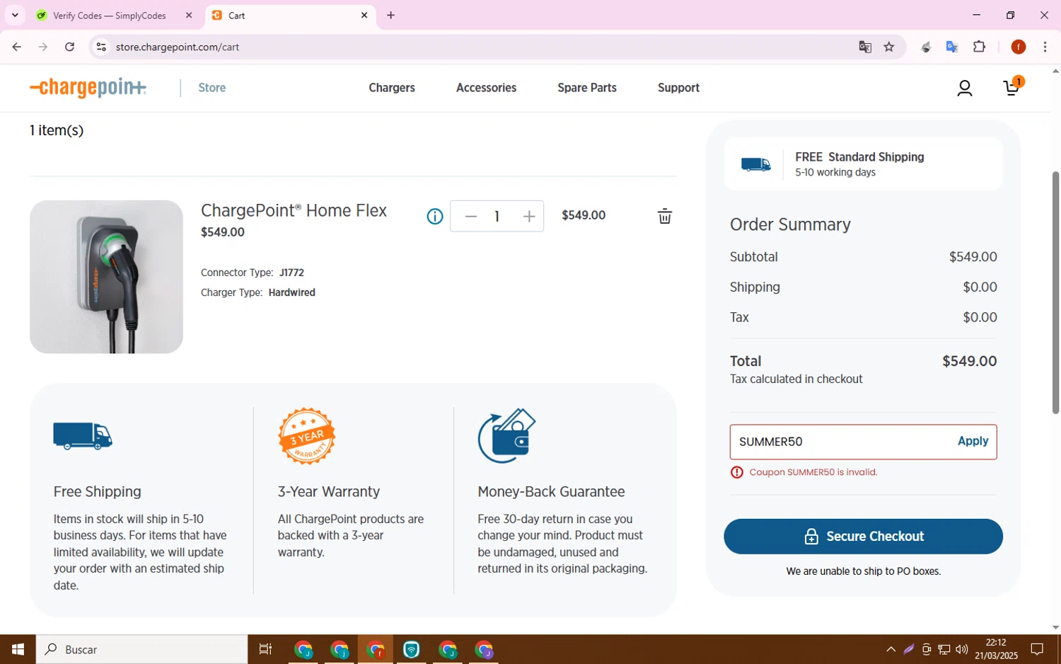 Charge Point promo code screenshot showing code SUMMER50 applied at Charge Point checkout page. Uploaded by SimplyCodes community member Collug on Mar 22, 2025