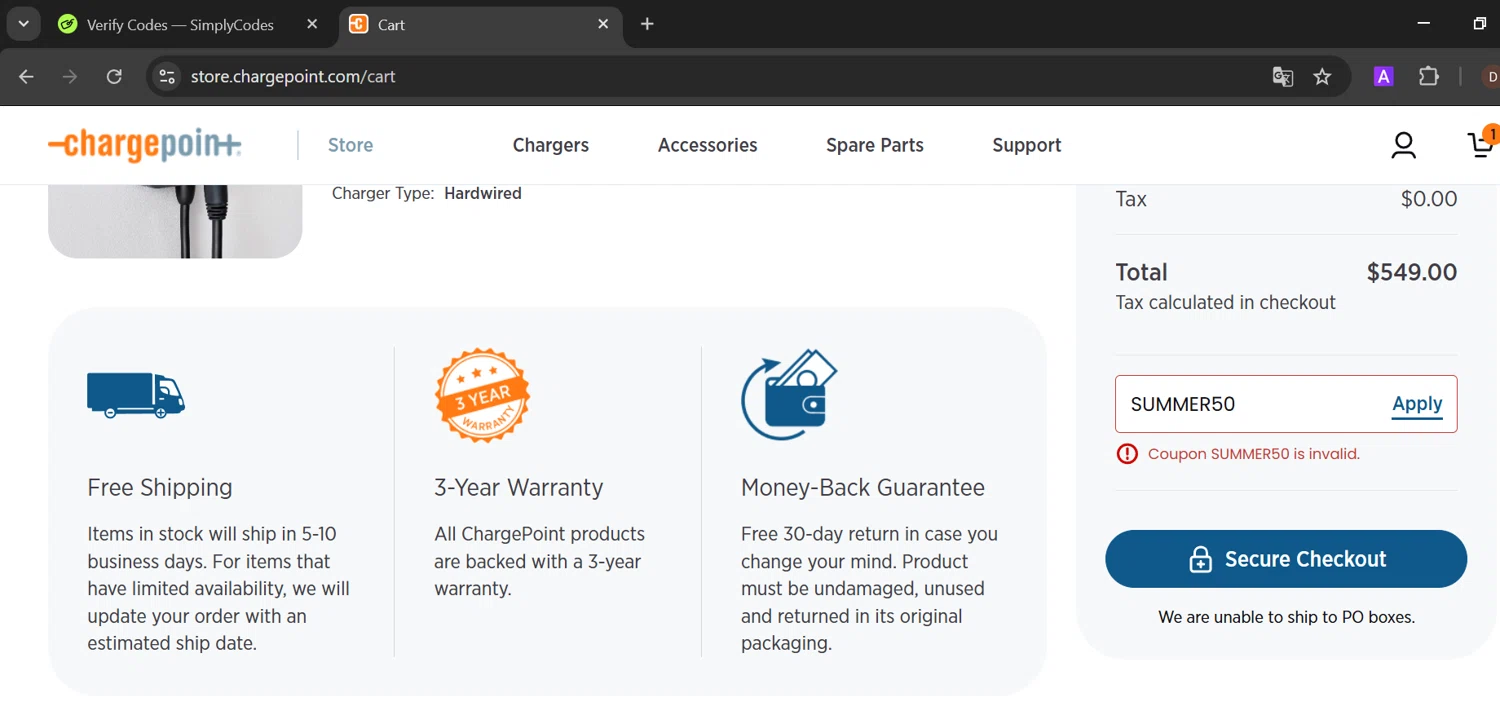 Charge Point promo code screenshot showing code SUMMER50 applied at Charge Point checkout page. Uploaded by SimplyCodes community member PennyCaptain4684 on Mar 9, 2025
