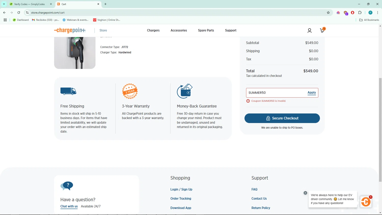 Charge Point promo code screenshot showing code SUMMER50 applied at Charge Point checkout page. Uploaded by SimplyCodes community member BargainSage1407 on Mar 9, 2025