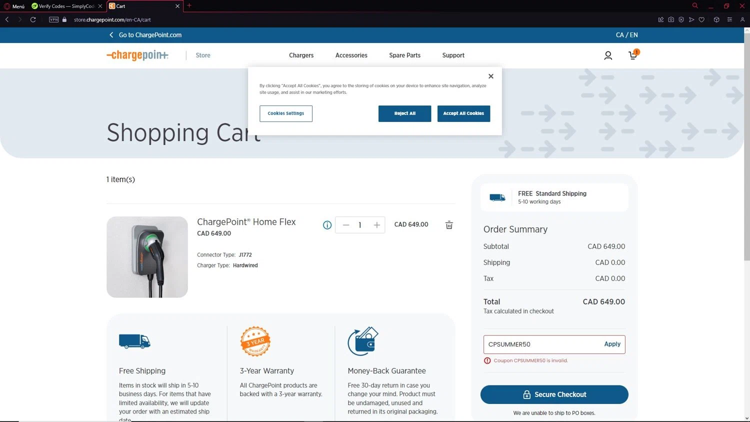 Charge Point promo code screenshot showing code CPSUMMER50 applied at Charge Point checkout page. Uploaded by SimplyCodes community member BMO123 on Mar 7, 2025