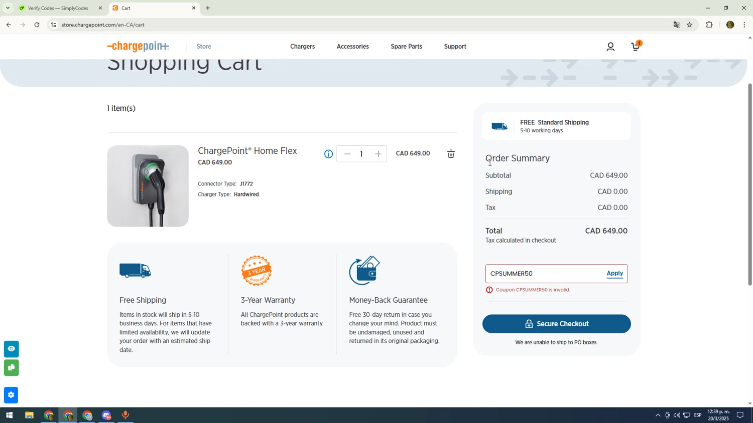 Charge Point promo code screenshot showing code CPSUMMER50 applied at Charge Point checkout page. Uploaded by SimplyCodes community member sfdfgdsfgdfgdfg on Mar 20, 2025