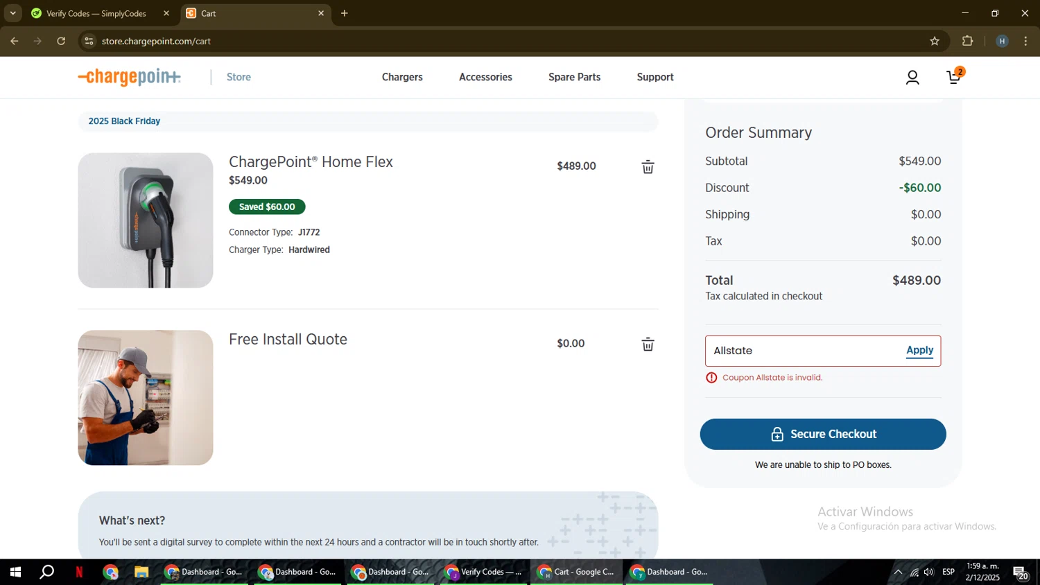 Charge Point promo code screenshot showing code Allstate applied at Charge Point checkout page. Uploaded by SimplyCodes community member YAMAHA on Dec 2, 2025