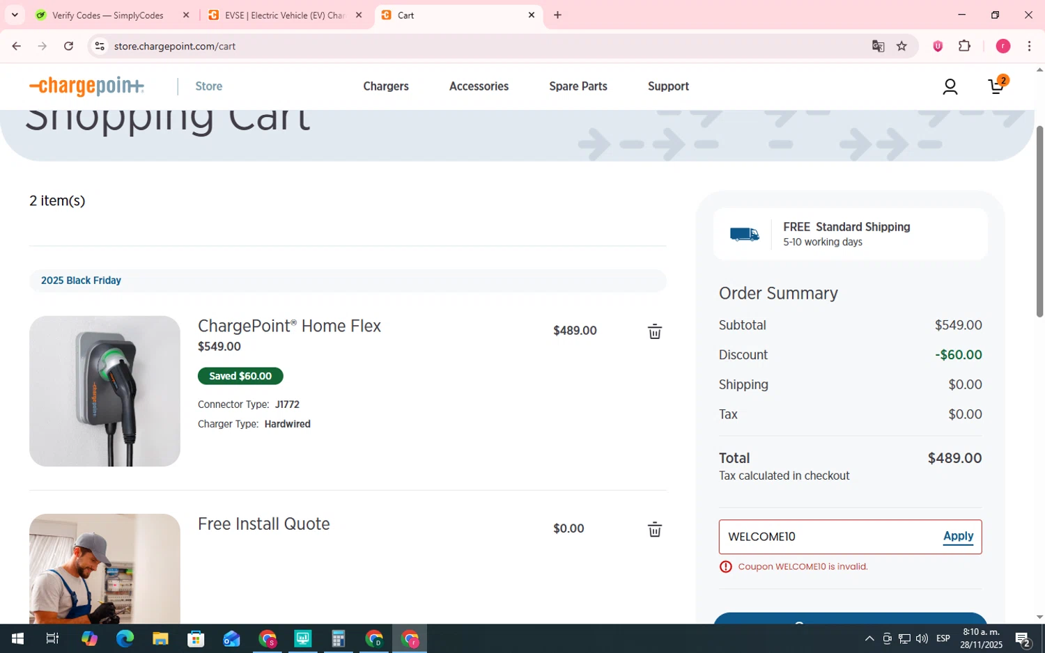 Charge Point promo code screenshot showing code WELCOME10 applied at Charge Point checkout page. Uploaded by SimplyCodes community member LegendaryWhiz3517 on Nov 28, 2025