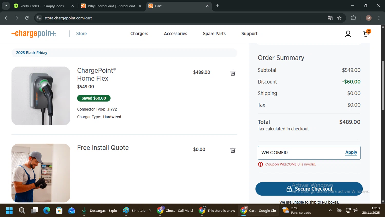 Charge Point promo code screenshot showing code WELCOME10 applied at Charge Point checkout page. Uploaded by SimplyCodes community member VoucherSpotter7661 on Nov 28, 2025