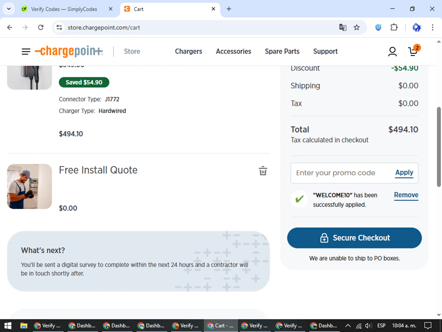 Charge Point promo code screenshot showing code WELCOME10 applied at Charge Point checkout page. Uploaded by SimplyCodes community member WiseHunter8213 on Nov 11, 2025