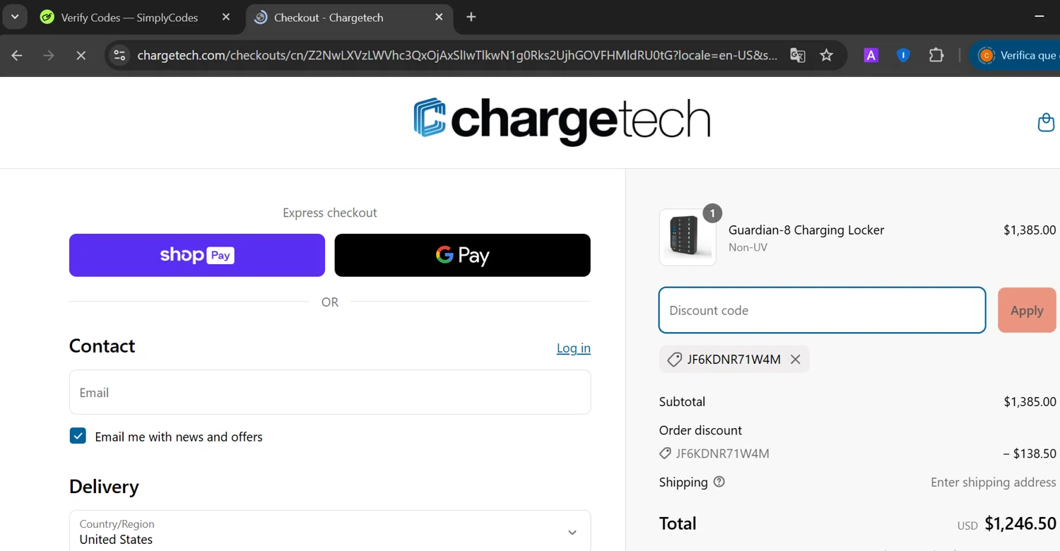 ChargeTech promo code screenshot showing code JF6KDNR71W4M applied at ChargeTech checkout page. Uploaded by SimplyCodes community member CashElite5536 on Apr 4, 2025