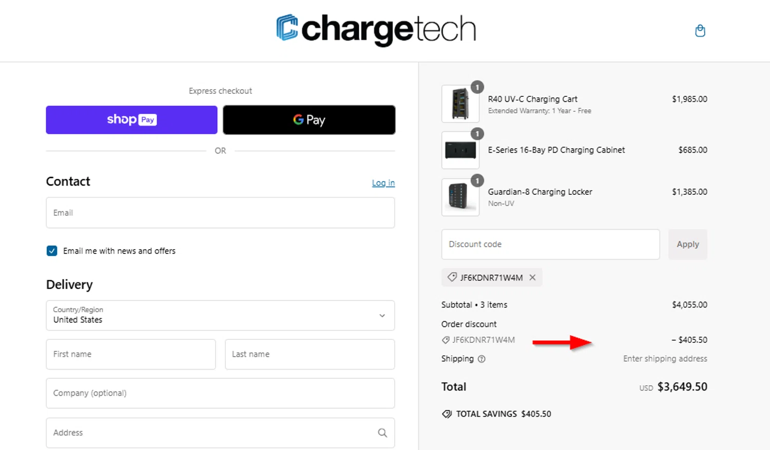 ChargeTech promo code screenshot showing code JF6KDNR71W4M applied at ChargeTech checkout page. Uploaded by SimplyCodes community member SimplyCVerlie on Jan 4, 2025