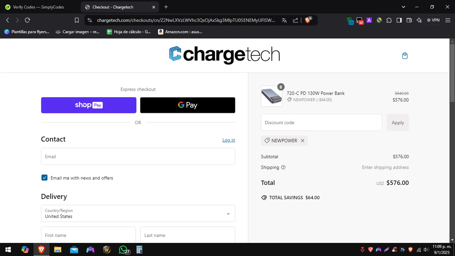ChargeTech promo code screenshot showing code NEWPOWER applied at ChargeTech checkout page. Uploaded by SimplyCodes community member Migueljqg1001 on Jan 10, 2025