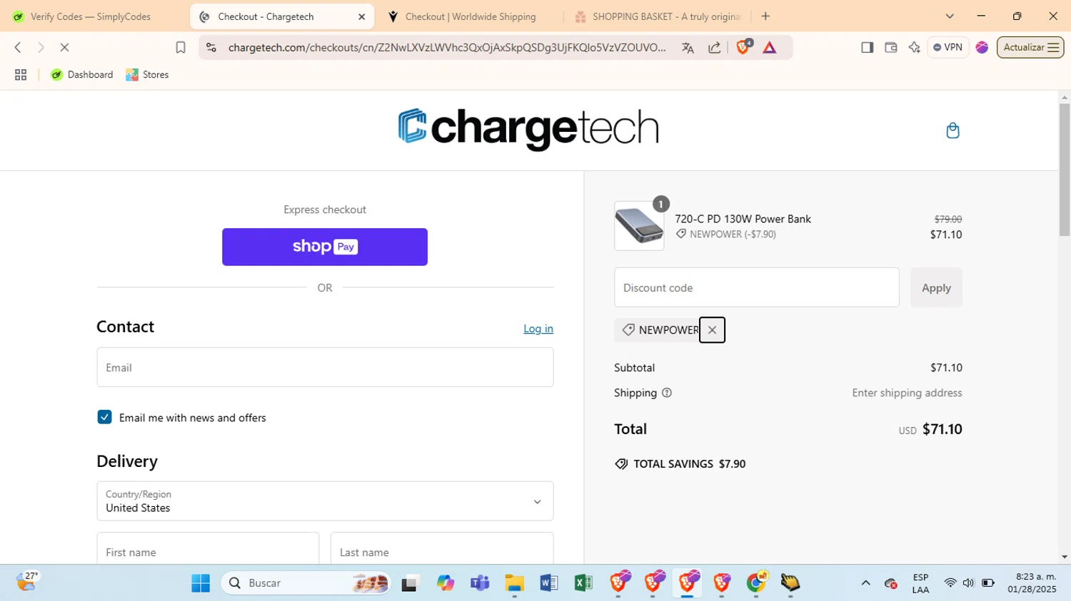 ChargeTech promo code screenshot showing code NEWPOWER applied at ChargeTech checkout page. Uploaded by SimplyCodes community member entrepita on Jan 28, 2025