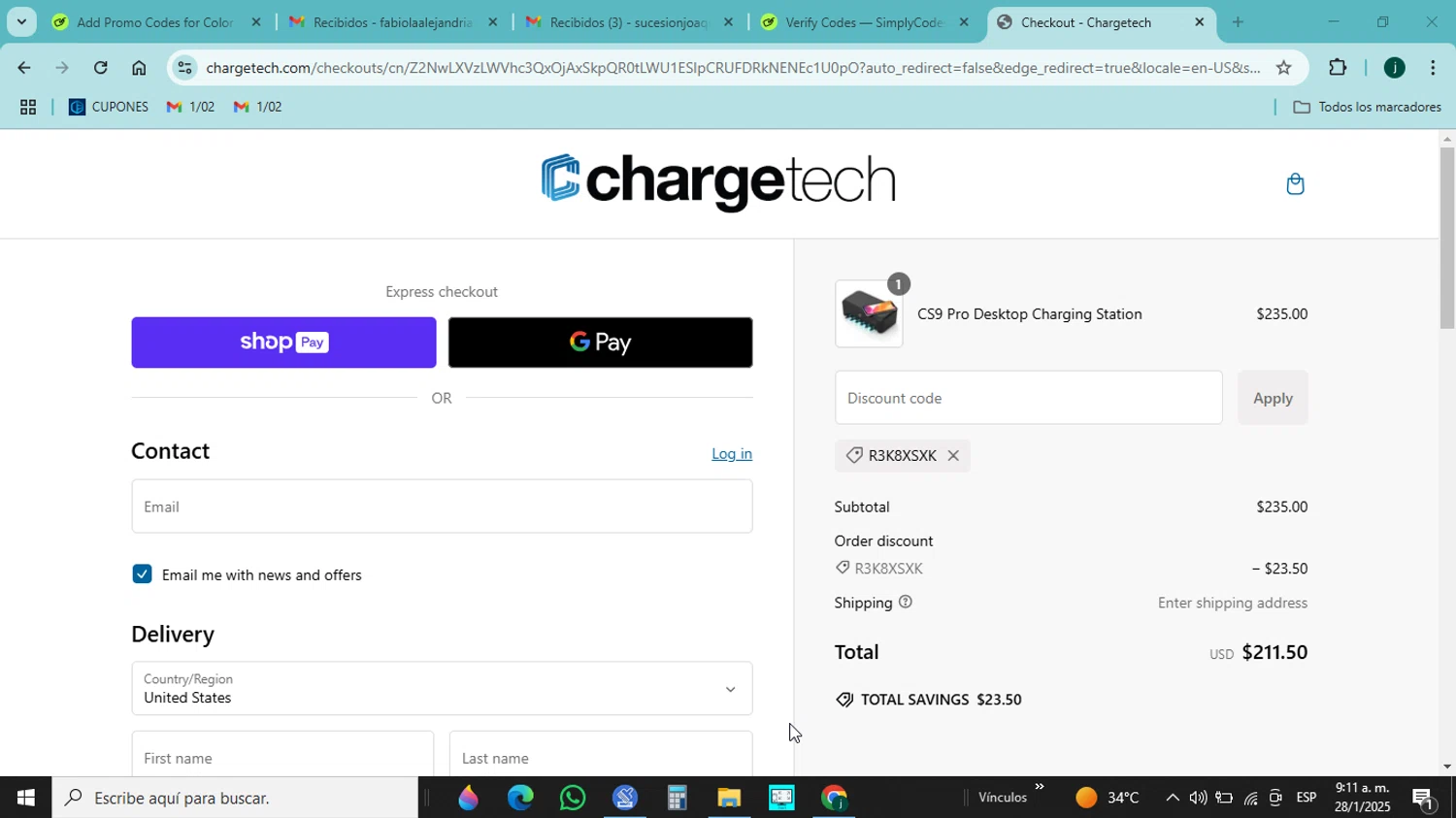 ChargeTech promo code screenshot showing code R3K8XSXK applied at ChargeTech checkout page. Uploaded by SimplyCodes community member jorgejavierherrera on Jan 28, 2025