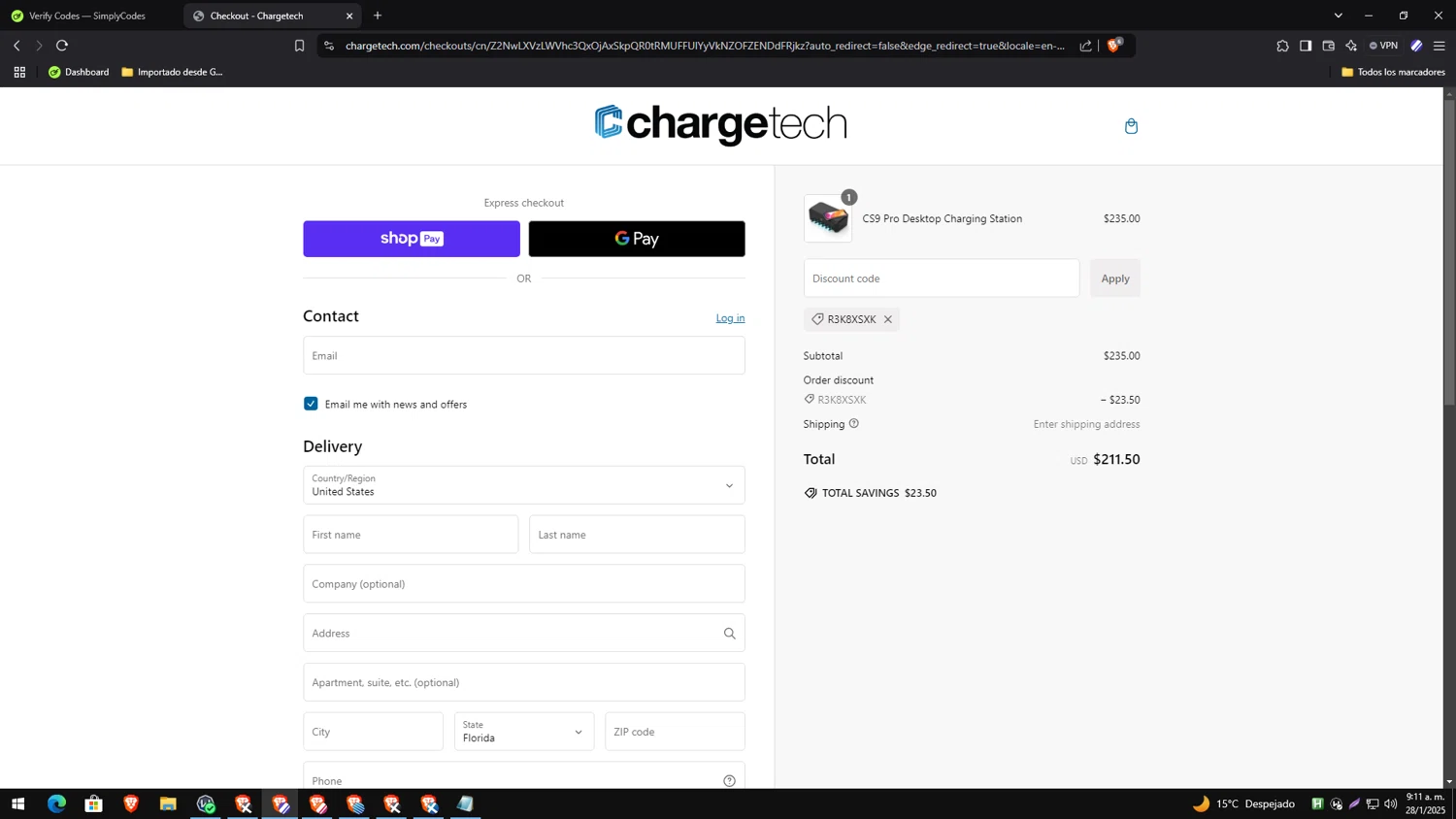 ChargeTech promo code screenshot showing code R3K8XSXK applied at ChargeTech checkout page. Uploaded by SimplyCodes community member yesenia on Jan 28, 2025