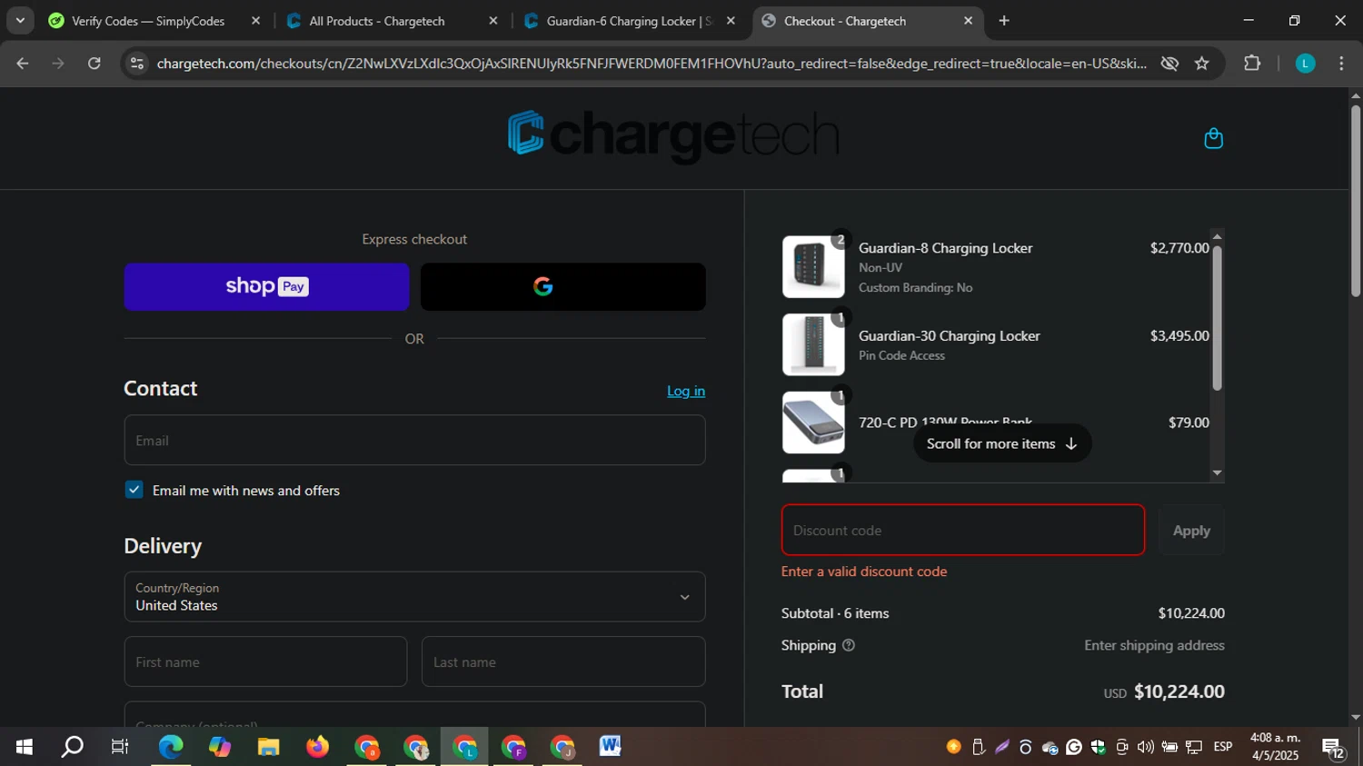 ChargeTech promo code screenshot showing code LHGVDV6D applied at ChargeTech checkout page. Uploaded by SimplyCodes community member GloriousSaver2756 on May 4, 2025