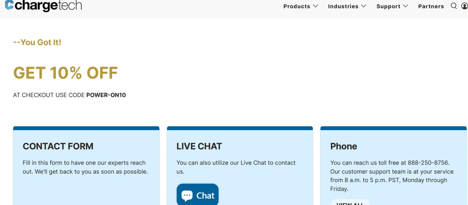ChargeTech promo code screenshot showing code POWER-ON10 applied at ChargeTech checkout page. Uploaded by SimplyCodes community member alexjohnson on Aug 18, 2025
