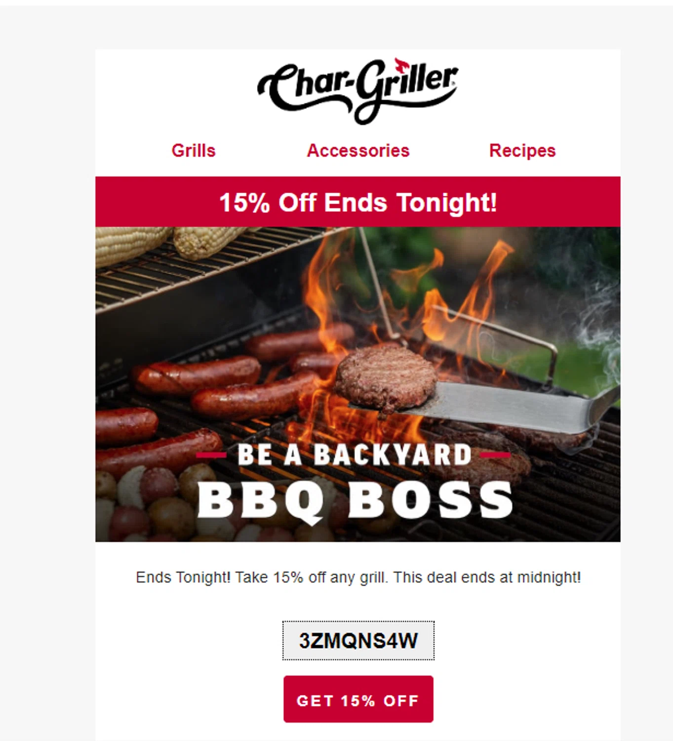 Char-griller promo code screenshot showing code 3ZMQNS4W applied at Char-griller checkout page. Uploaded by SimplyCodes community member RoYoK88 on May 8, 2026