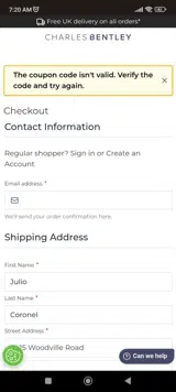 Charles Bentley coupon verification screenshot
