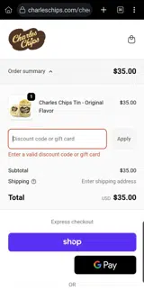 Charles Chips coupon verification screenshot