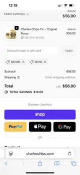 Charles Chips coupon verification screenshot