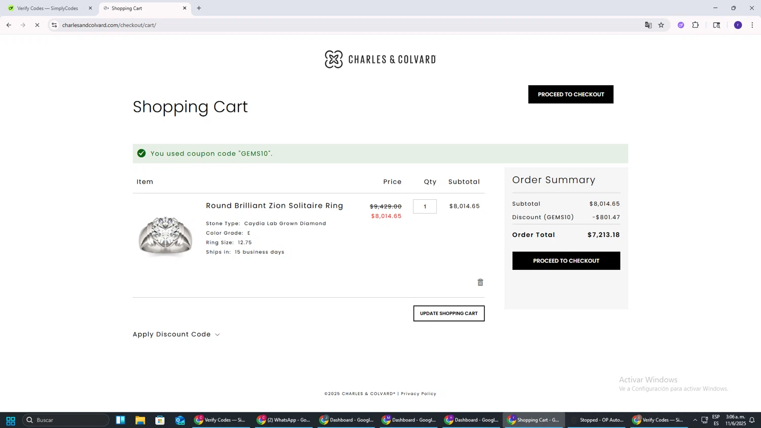 Charles & Colvard discount code screenshot showing code GEMS10 applied at Charles & Colvard checkout page. Uploaded by SimplyCodes community member AberthGotopo on Jun 11, 2025
