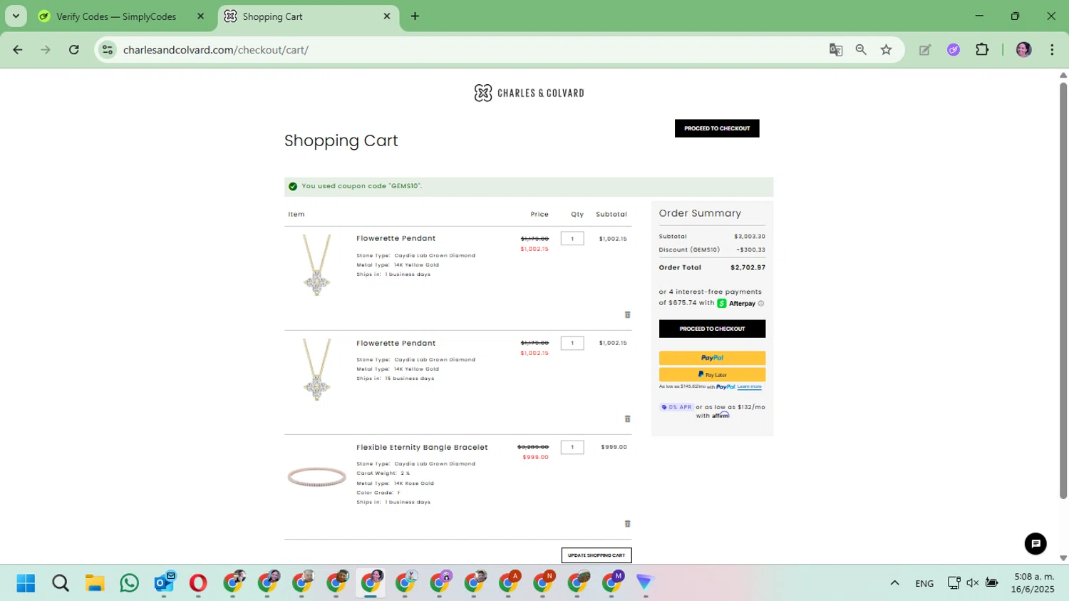 Charles & Colvard discount code screenshot showing code GEMS10 applied at Charles & Colvard checkout page. Uploaded by SimplyCodes community member Mari_perez on Jun 16, 2025