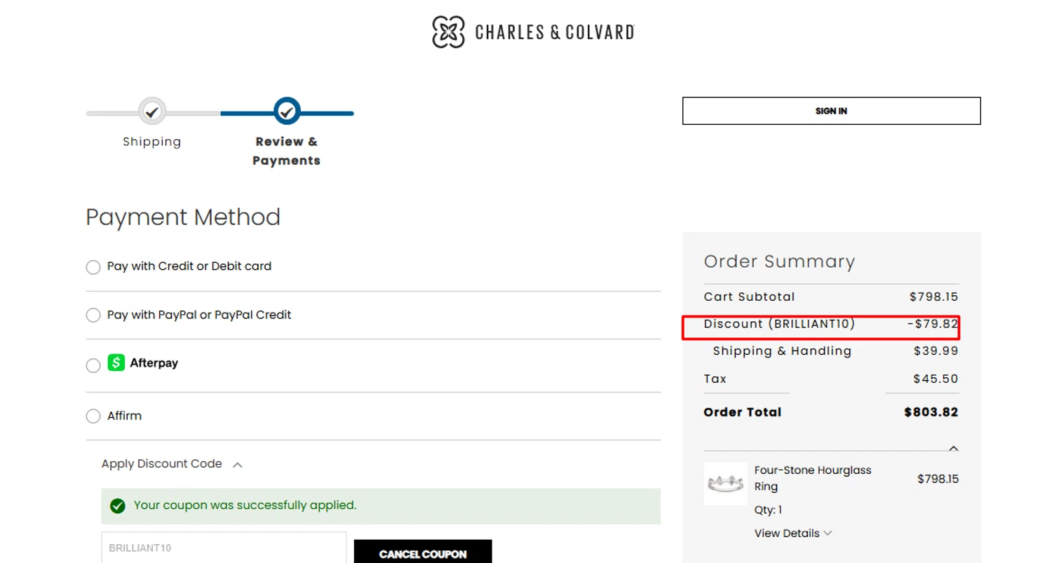 Charles & Colvard discount code screenshot showing code BRILLIANT10 applied at Charles & Colvard checkout page. Uploaded by SimplyCodes community member BetoCampo on Jul 18, 2025