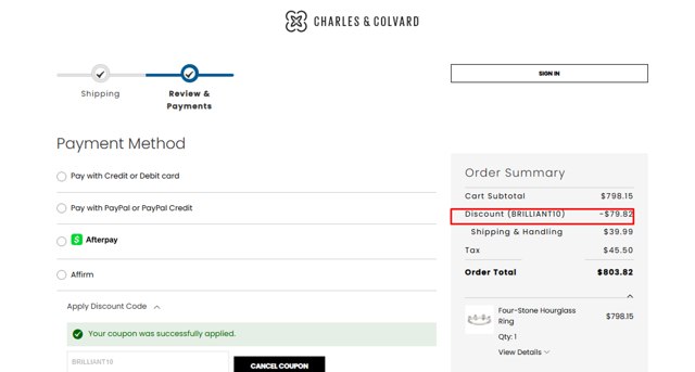 Charles & Colvard checkout page showing Charles & Colvard discount code box | Screenshot taken by SimplyCodes community member on Jul 18, 2025