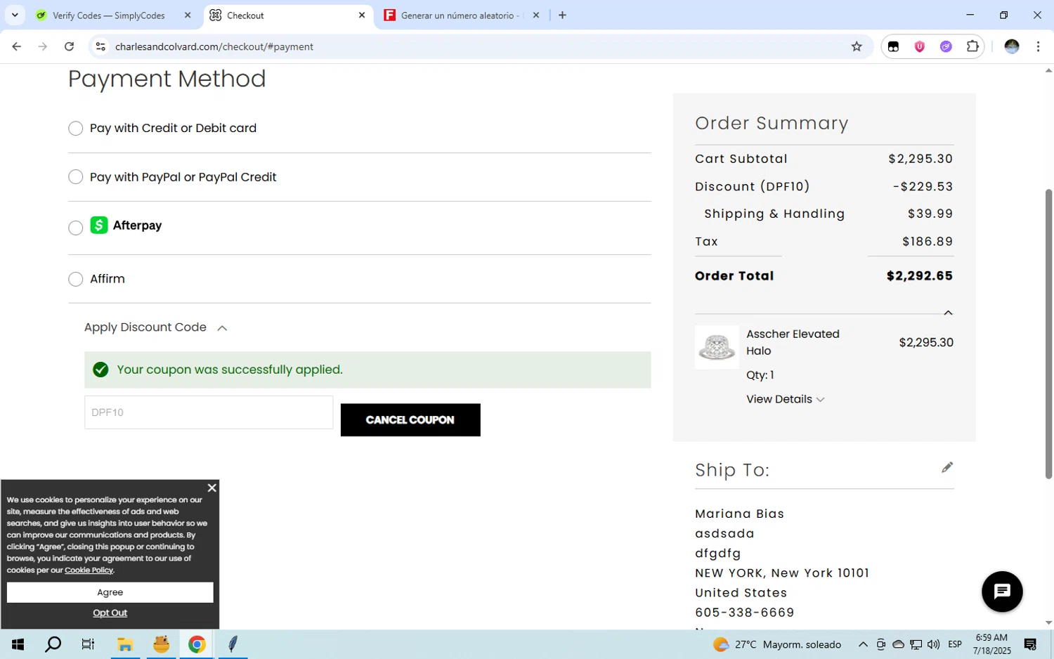 Charles & Colvard discount code screenshot showing code DPF10 applied at Charles & Colvard checkout page. Uploaded by SimplyCodes community member Liandroo on Jul 18, 2025