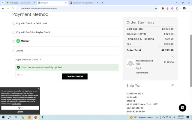 Charles & Colvard checkout page showing Charles & Colvard discount code box | Screenshot taken by SimplyCodes community member on Jul 18, 2025