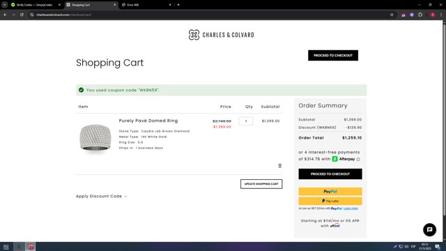 Charles & Colvard checkout page showing Charles & Colvard discount code box | Screenshot taken by SimplyCodes community member on May 21, 2025