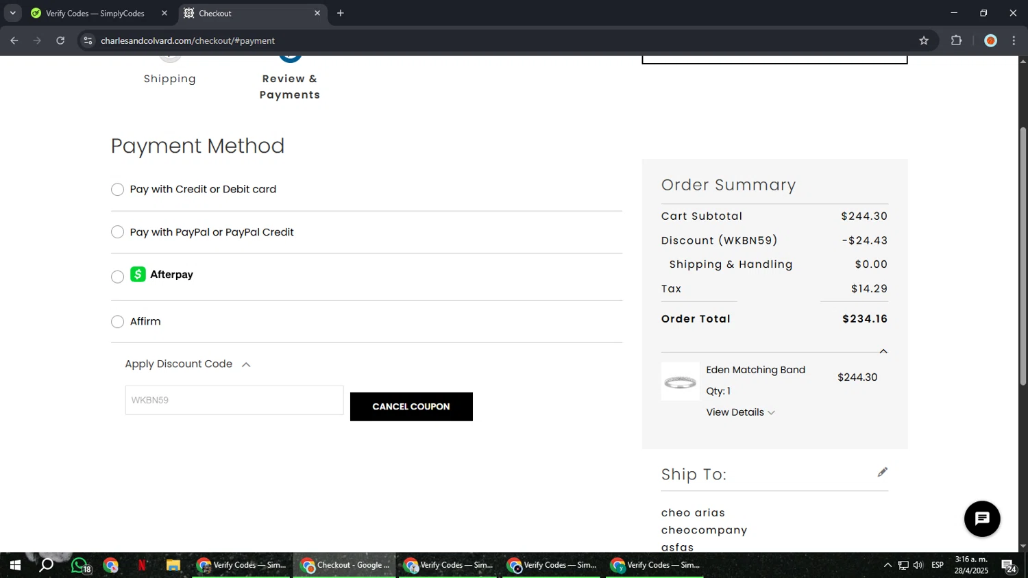Charles & Colvard discount code screenshot showing code WKBN59 applied at Charles & Colvard checkout page. Uploaded by SimplyCodes community member BonusCaptain9927 on Apr 28, 2025