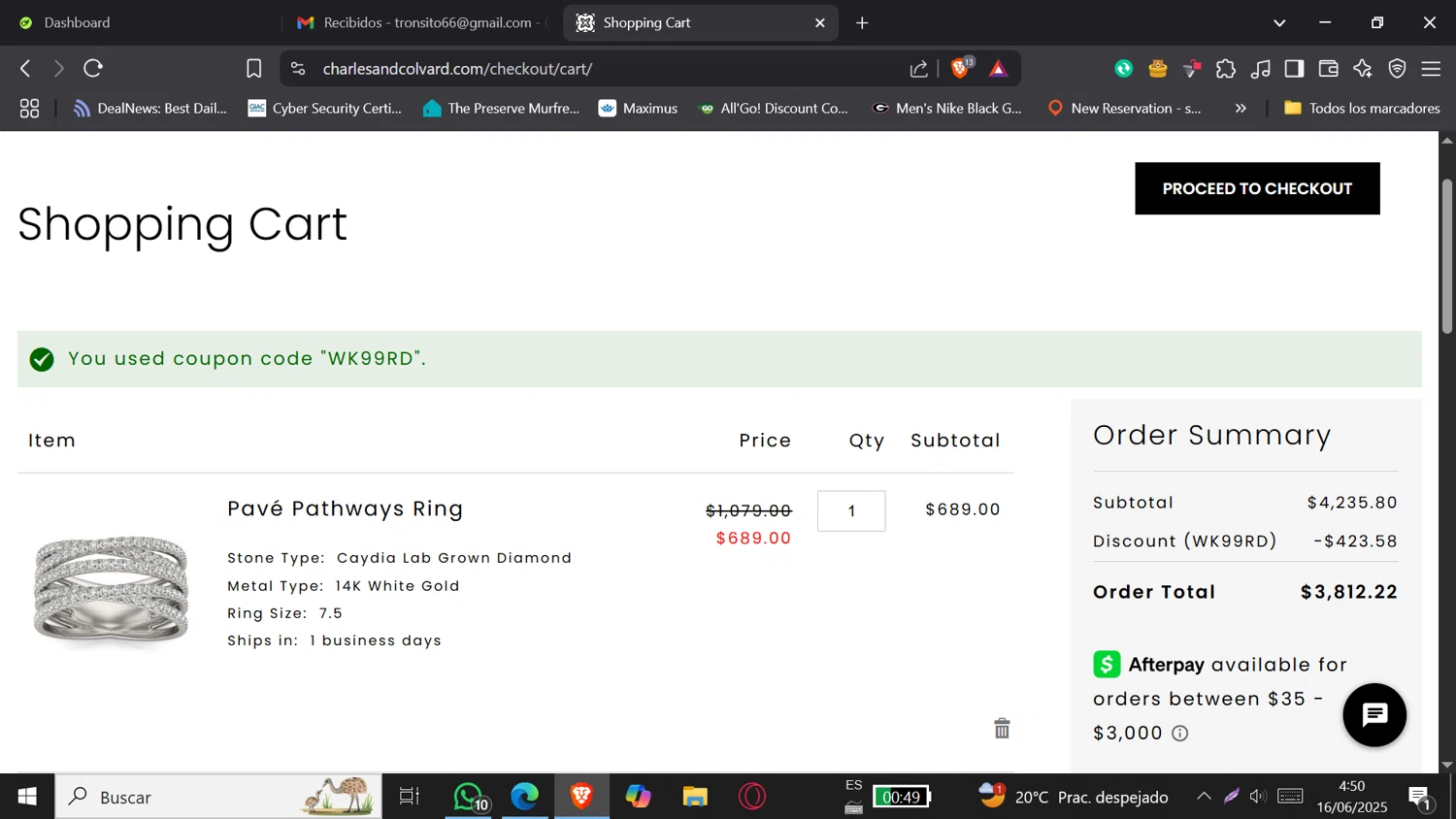 Charles & Colvard discount code screenshot showing code WK99RD applied at Charles & Colvard checkout page. Uploaded by SimplyCodes community member Jeffersontorrealba on Jun 16, 2025