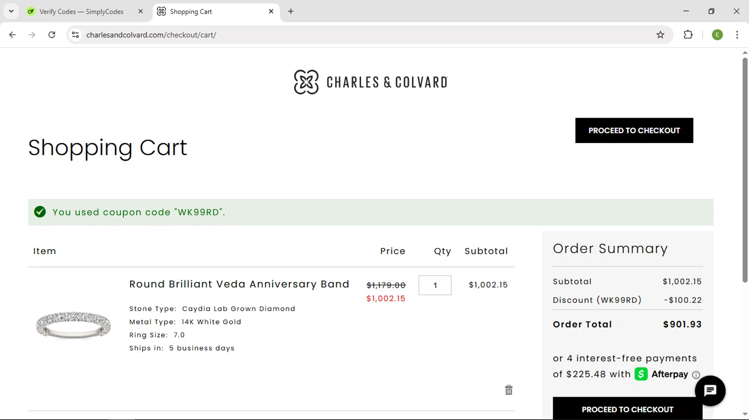 Charles & Colvard discount code screenshot showing code WK99RD applied at Charles & Colvard checkout page. Uploaded by SimplyCodes community member SUZUKIV on May 20, 2025