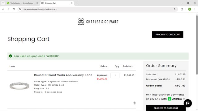 Charles & Colvard checkout page showing Charles & Colvard discount code box | Screenshot taken by SimplyCodes community member on May 20, 2025