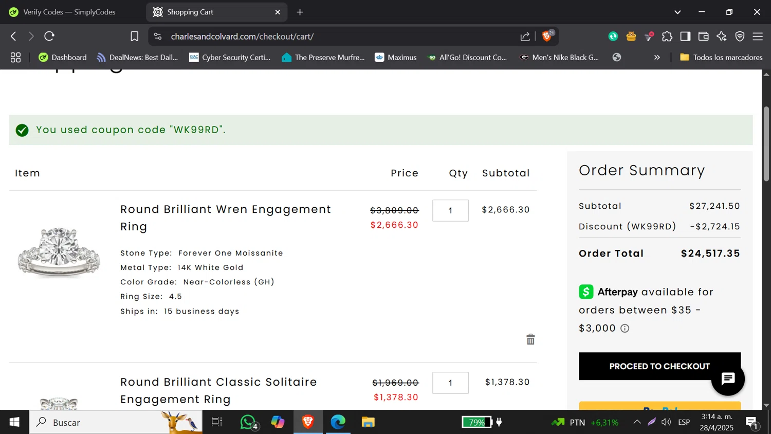 Charles & Colvard discount code screenshot showing code WK99RD applied at Charles & Colvard checkout page. Uploaded by SimplyCodes community member tronsito66 on Apr 28, 2025