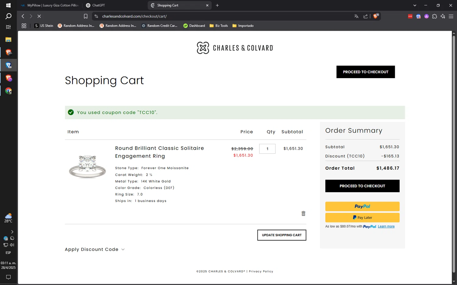 Charles & Colvard discount code screenshot showing code TCC10 applied at Charles & Colvard checkout page. Uploaded by SimplyCodes community member FrugalEagle9163 on Apr 28, 2025