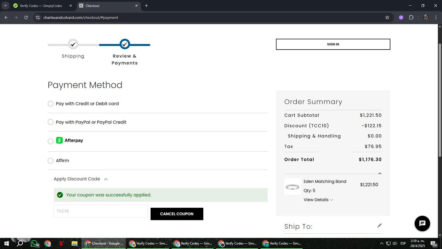 Charles & Colvard discount code screenshot showing code TCC10 applied at Charles & Colvard checkout page. Uploaded by SimplyCodes community member xxdddd on Apr 28, 2025