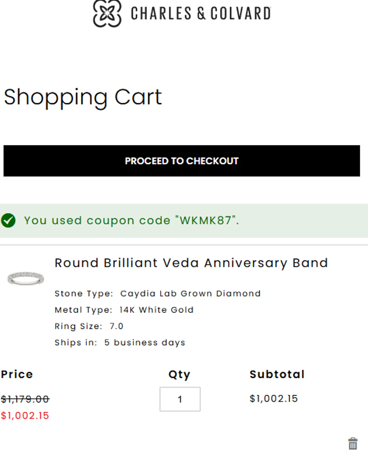 Charles & Colvard discount code screenshot showing code WKMK87 applied at Charles & Colvard checkout page. Uploaded by SimplyCodes community member MrWolf on Jun 16, 2025