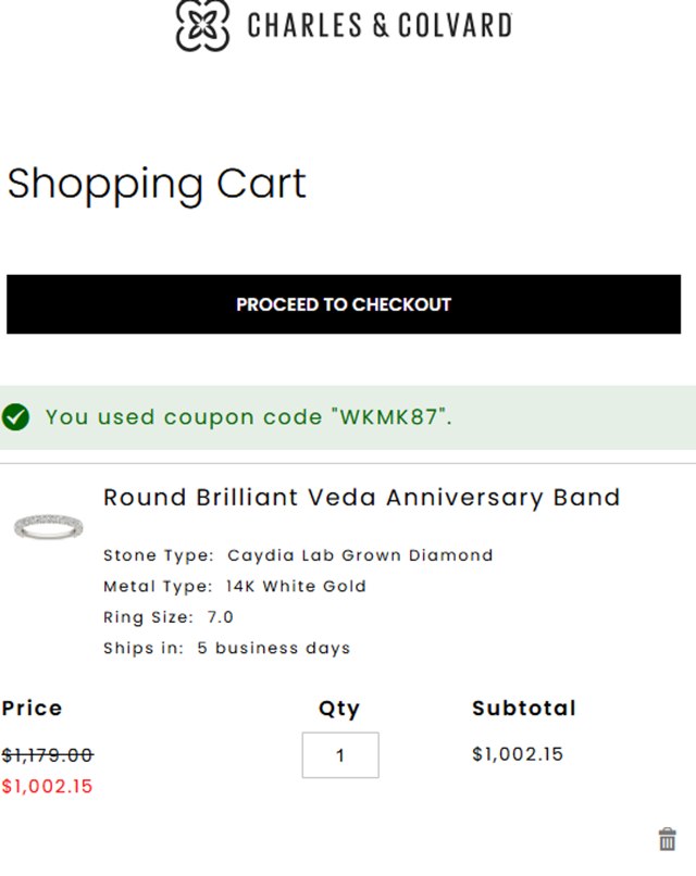 Charles & Colvard checkout page showing Charles & Colvard discount code box | Screenshot taken by SimplyCodes community member on Jun 16, 2025
