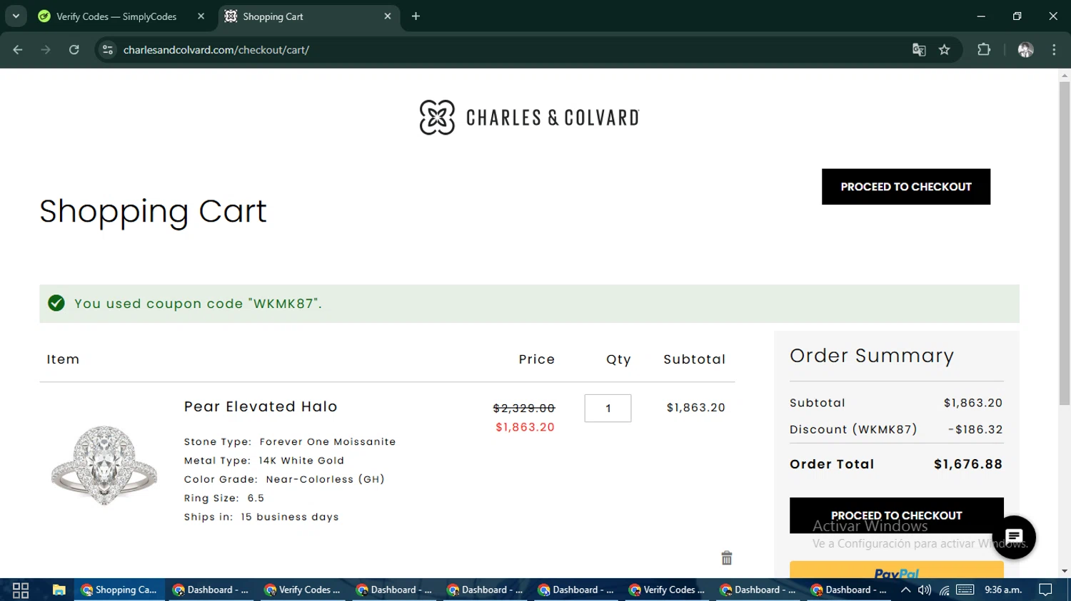 Charles & Colvard discount code screenshot showing code WKMK87 applied at Charles & Colvard checkout page. Uploaded by SimplyCodes community member CleverLegend6607 on Feb 18, 2025