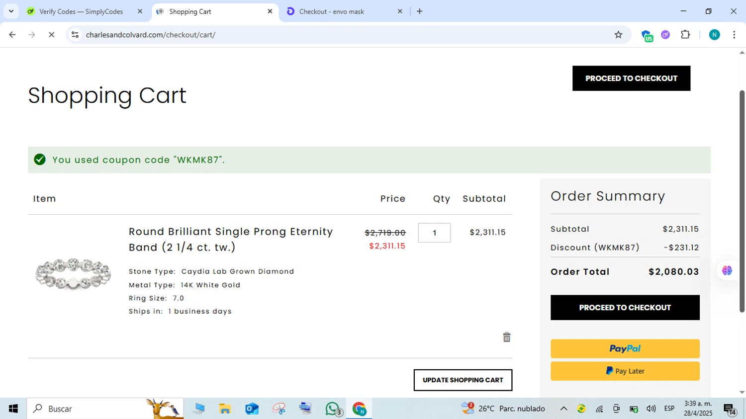 Charles & Colvard discount code screenshot showing code WKMK87 applied at Charles & Colvard checkout page. Uploaded by SimplyCodes community member FortunateEagle7007 on Apr 28, 2025