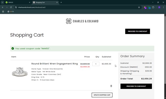 Charles & Colvard checkout page showing Charles & Colvard discount code box | Screenshot taken by SimplyCodes community member on May 5, 2025