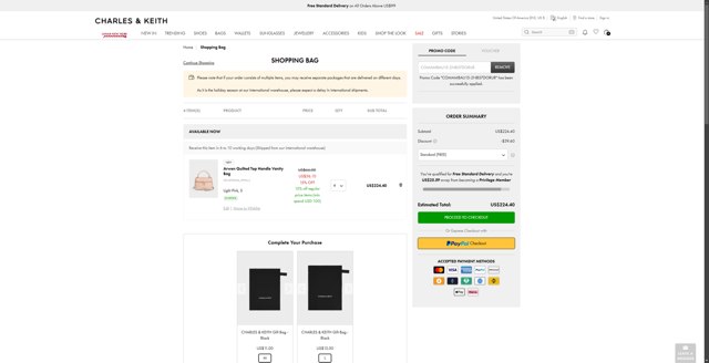 Charles & Keith checkout page showing Charles & Keith promo code box | Screenshot taken by SimplyCodes community member on Feb 2, 2025