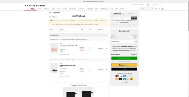 Charles & Keith checkout page showing Charles & Keith promo code box | Screenshot taken by SimplyCodes community member on Feb 2, 2025